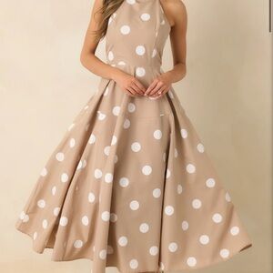 TAUPE POLKA DOT HALTER MAXI DRESS